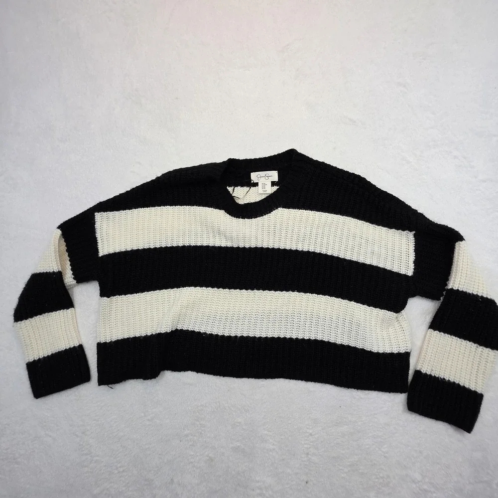 Jessica Simpson Sweater Womens M Black White Striped Chunky Knit Cropped Pullove